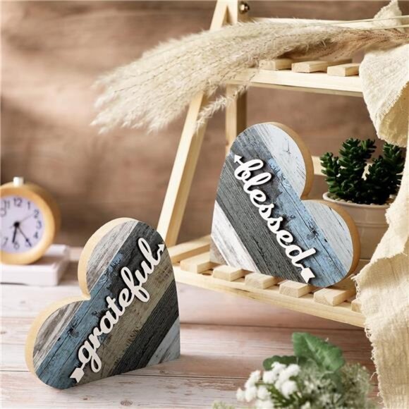 Home Sign Farmhouse Love Wooden Heart Shaped Decoration (Grateful Style)-2pc - Picture 6 of 7